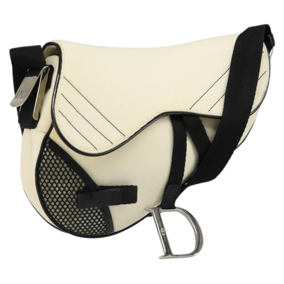 Christian Dior Saddle Shoulder Bag Canvas Beige Silver Auth ka4822V