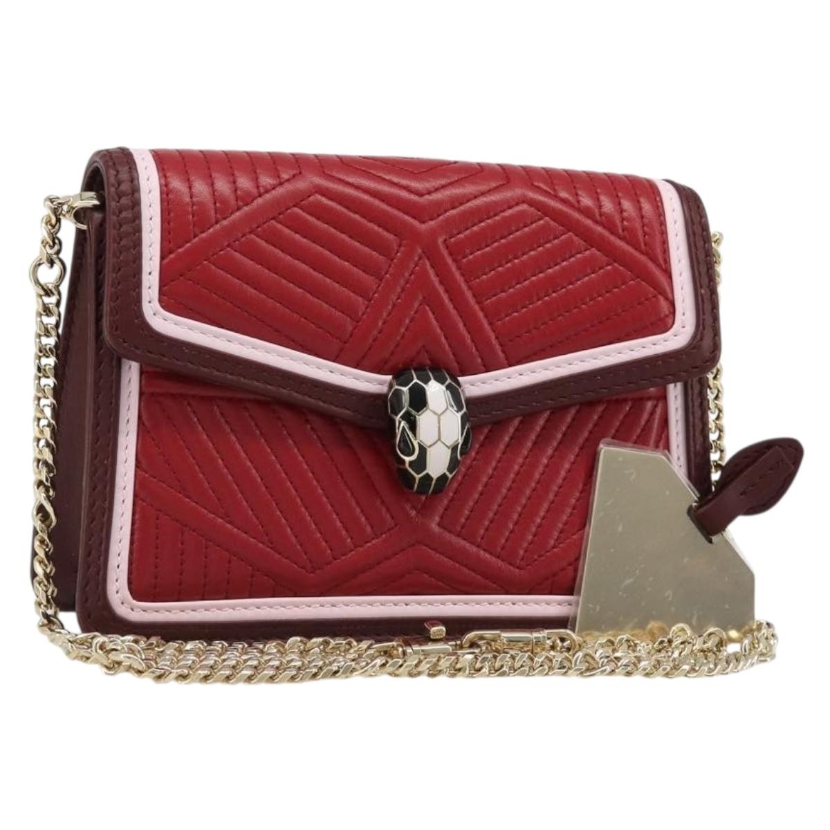 BVLGARI Chain Shoulder Bag Leather Red Gold Auth ka4824