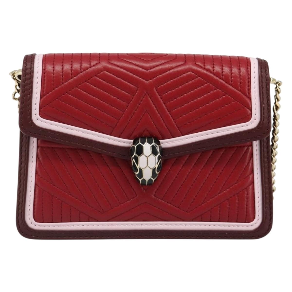 BVLGARI Chain Shoulder Bag Leather Red Gold Auth ka4824