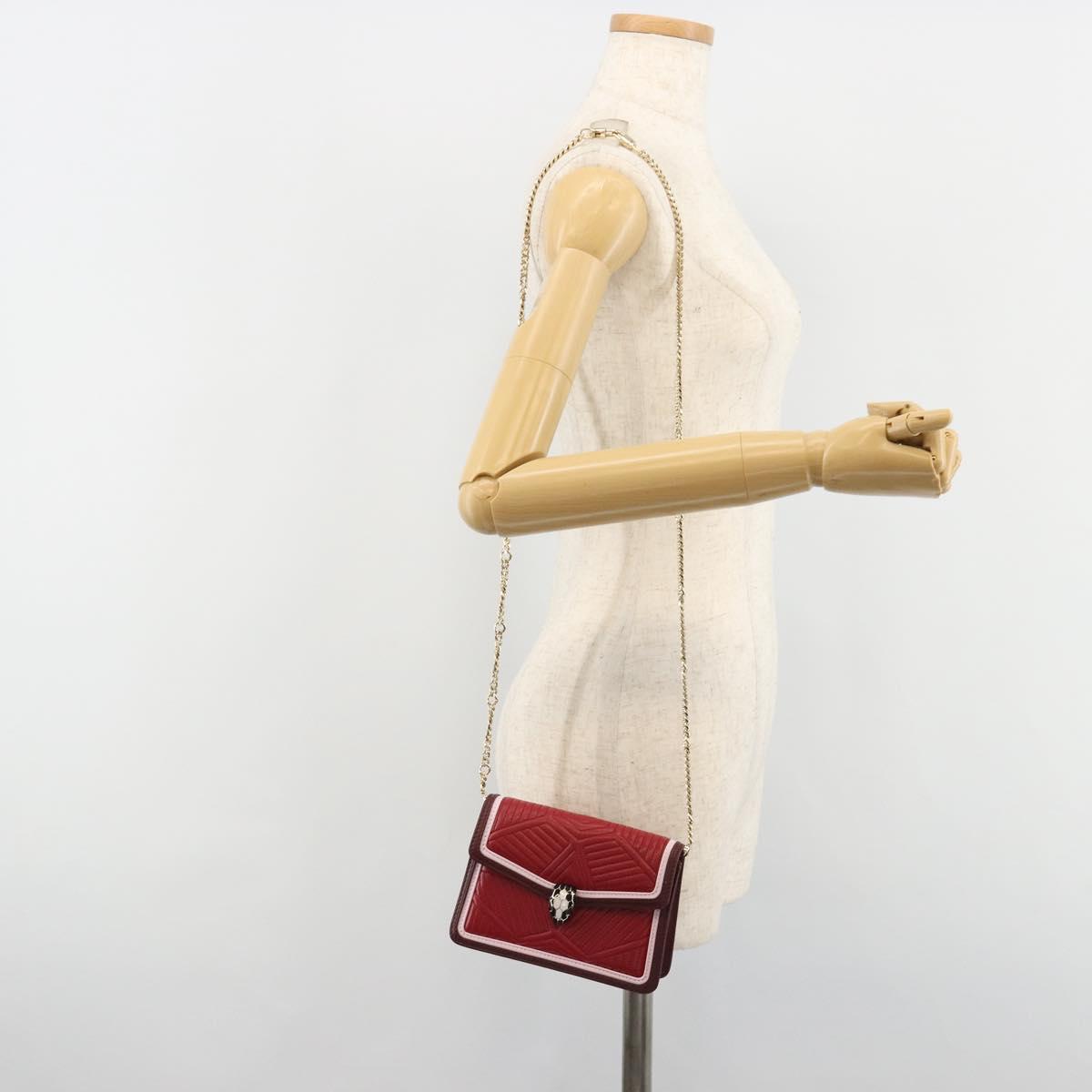 BVLGARI Chain Shoulder Bag Leather Red Gold Auth ka4824
