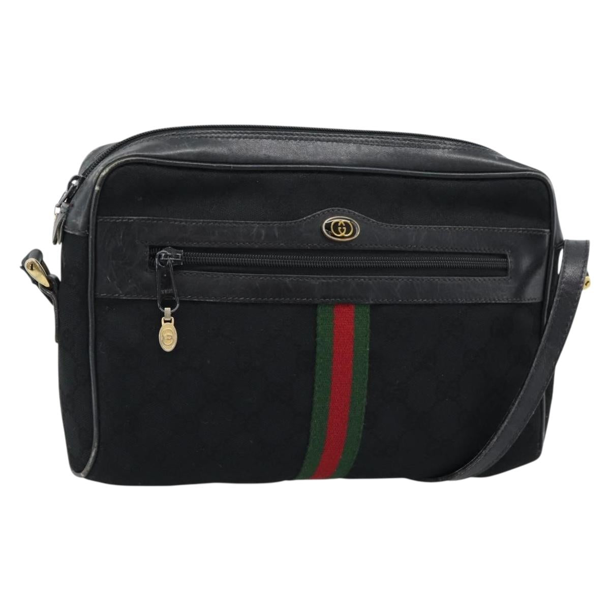GUCCI GG Canvas Web Sherry Line Shoulder Bag Black Red Green Auth ka4825
