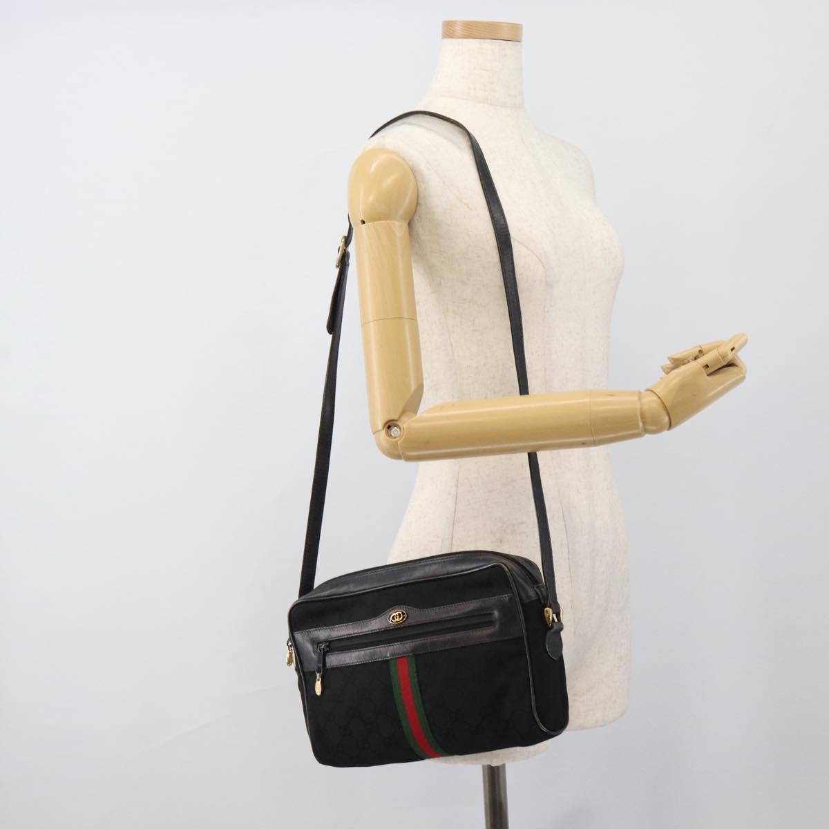 GUCCI GG Canvas Web Sherry Line Shoulder Bag Black Red Green Auth ka4825