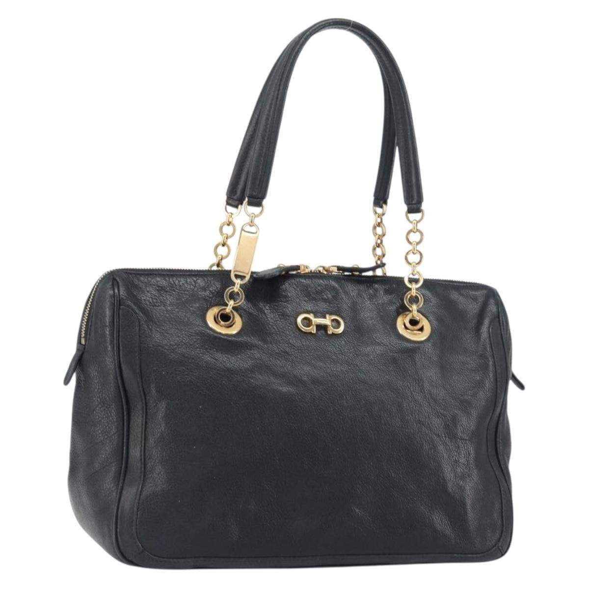 Salvatore Ferragamo Hand Bag Leather Black Gold Auth ka483