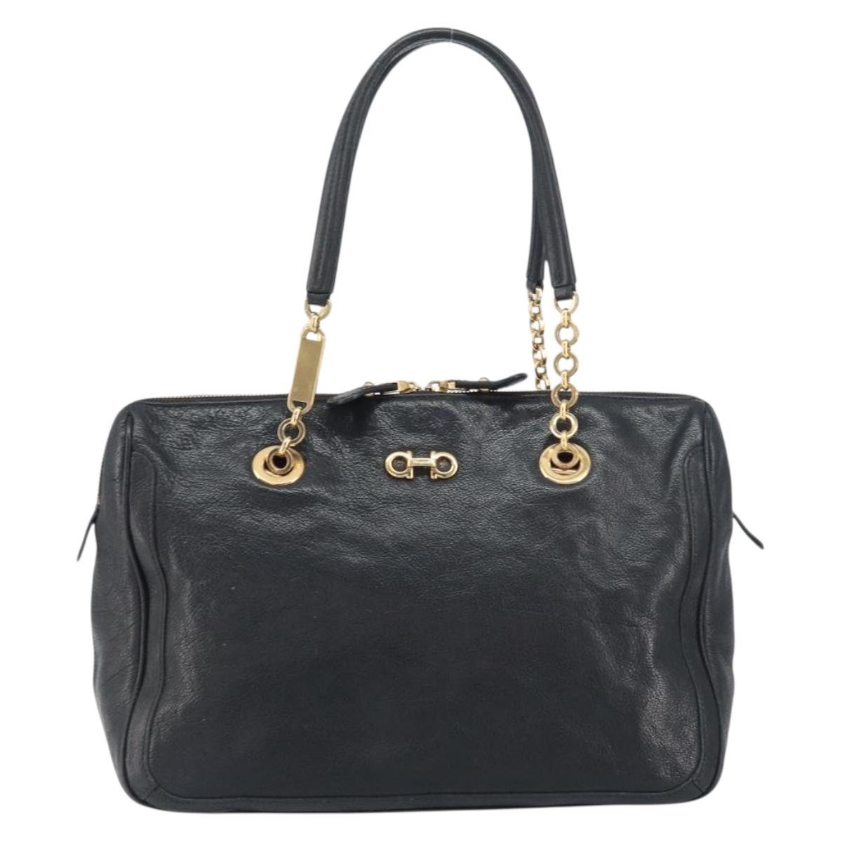 Salvatore Ferragamo Hand Bag Leather Black Gold Auth ka483