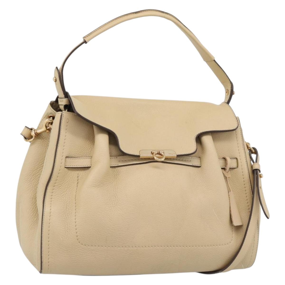 Salvatore Ferragamo Gancini Hand Bag Leather 2way Beige Gold Auth ka4845A