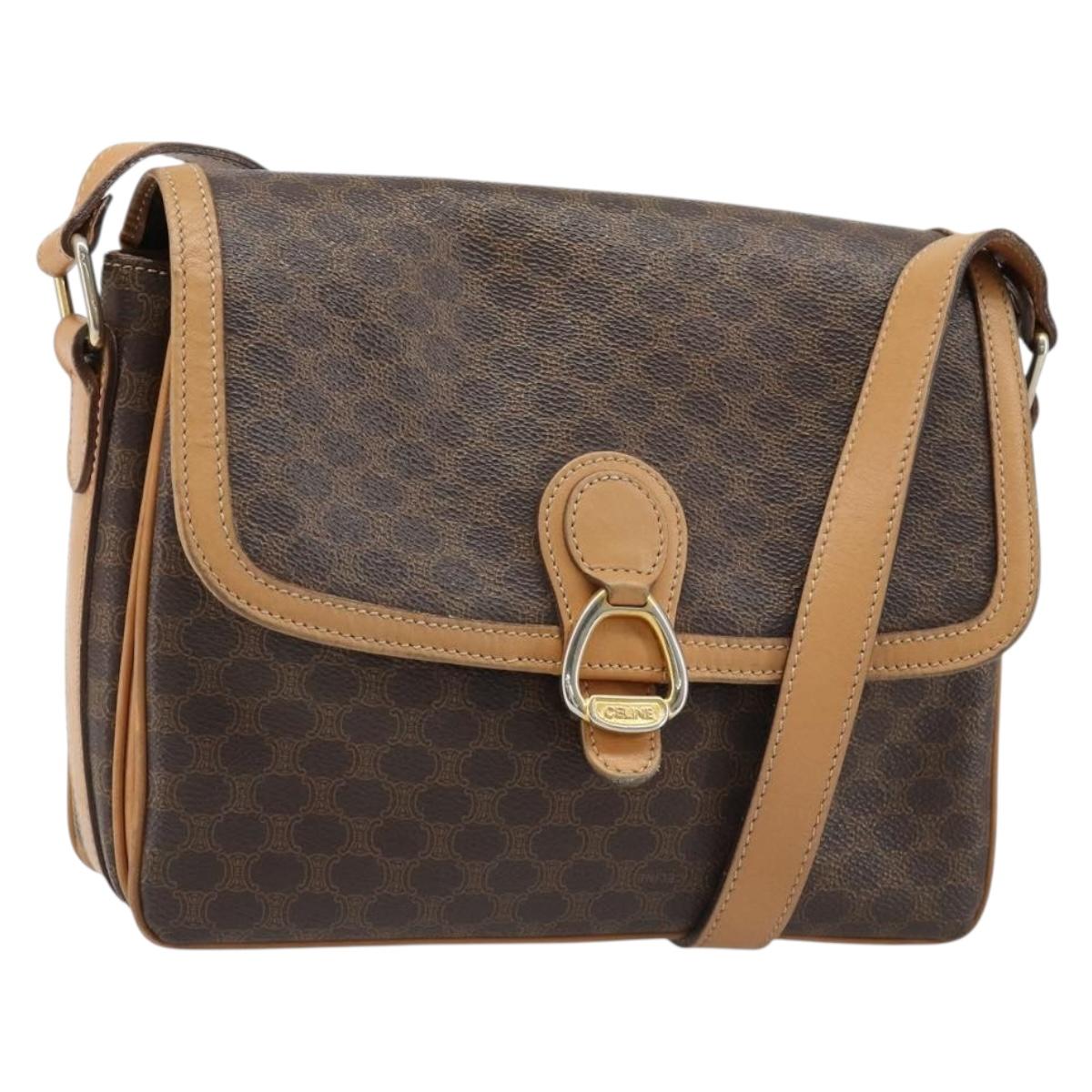 CELINE Macadam Canvas Shoulder Bag PVC Leather Brown Gold Auth ka4853