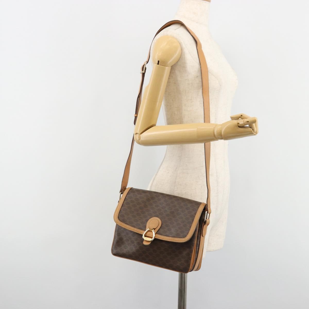 CELINE Macadam Canvas Shoulder Bag PVC Leather Brown Gold Auth ka4853