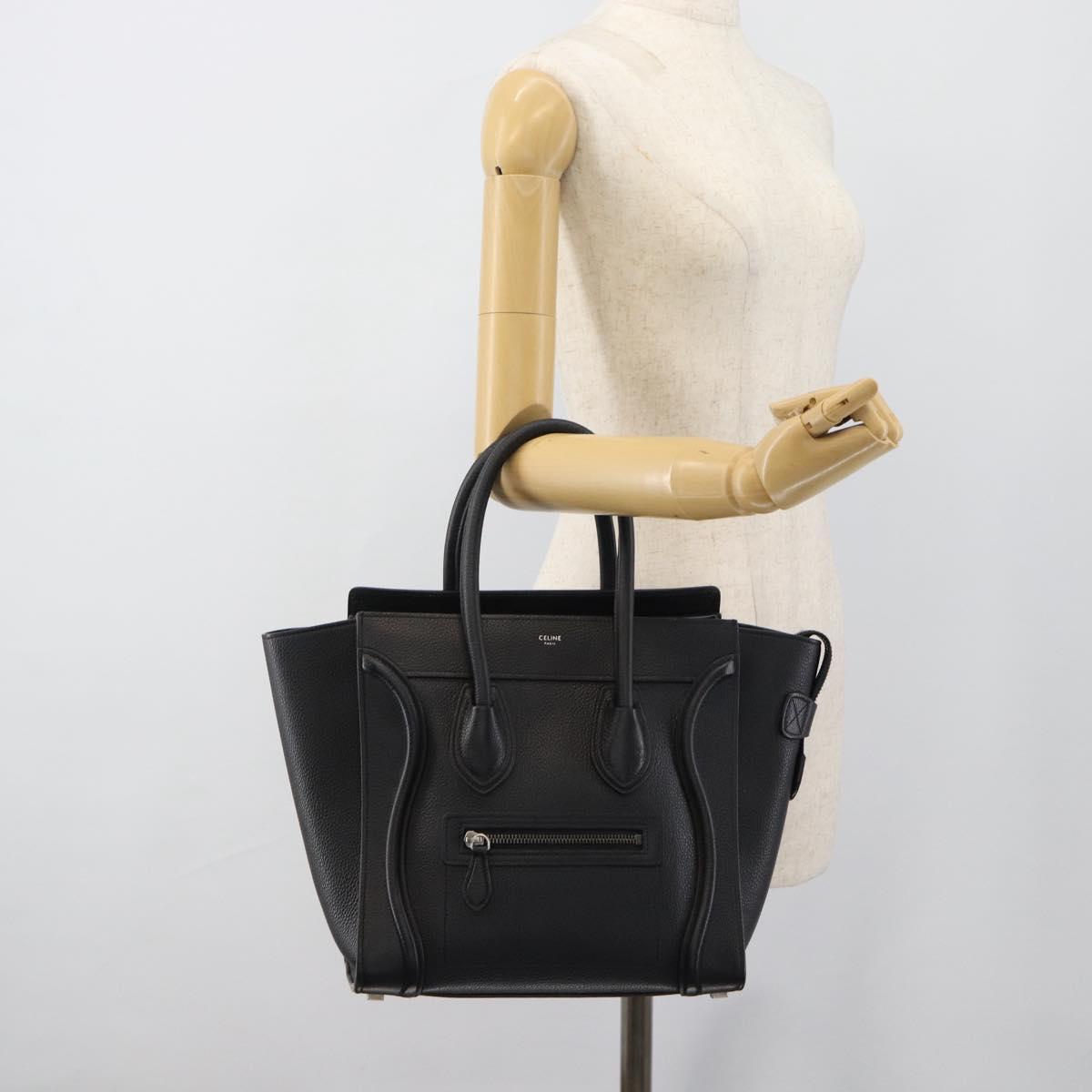CELINE Luggage Micro Shopper Hand Bag Leather Black Silver Auth ka4855SAM