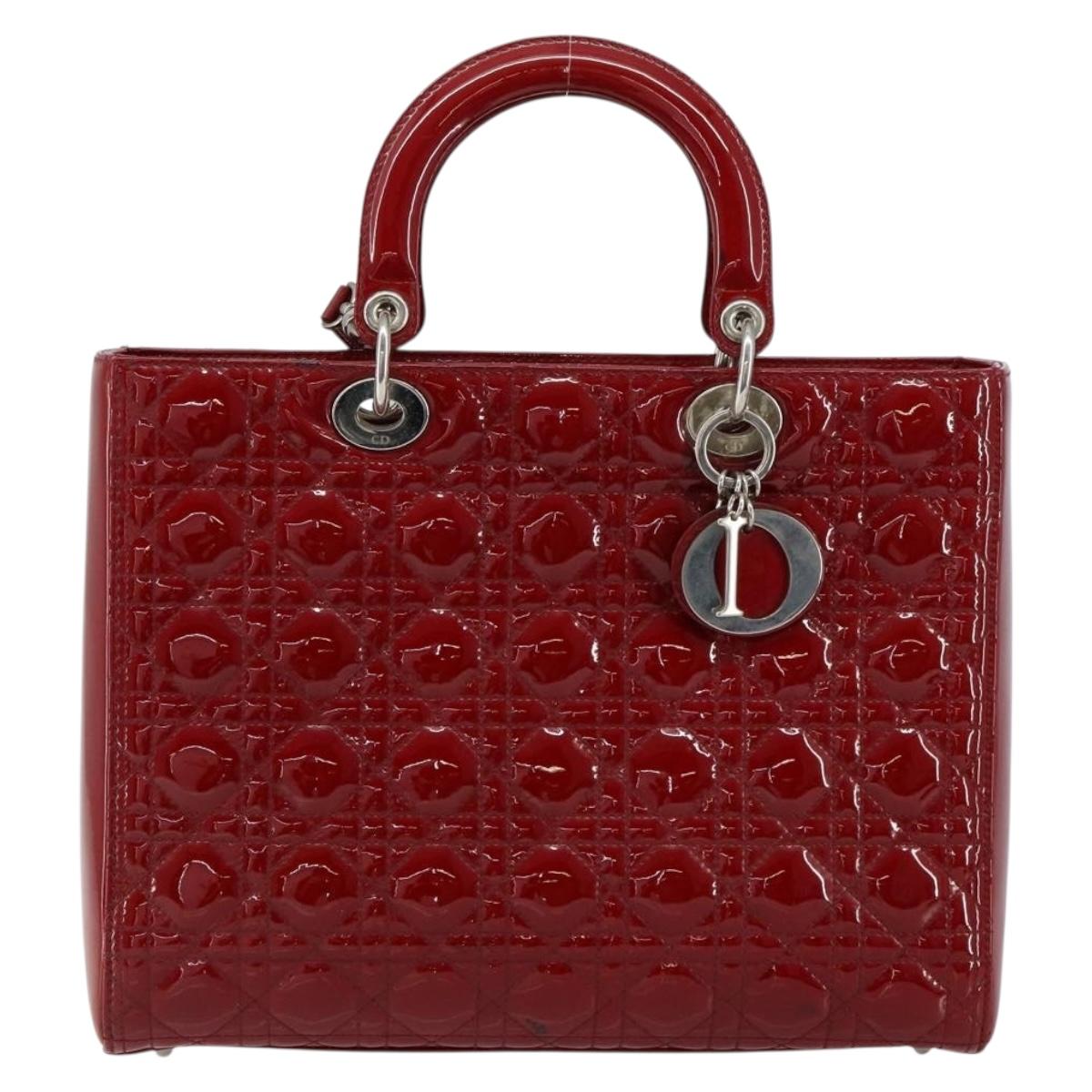 Christian Dior Lady Dior Canage Hand Bag Enamel 2way Red Silver Auth ka486