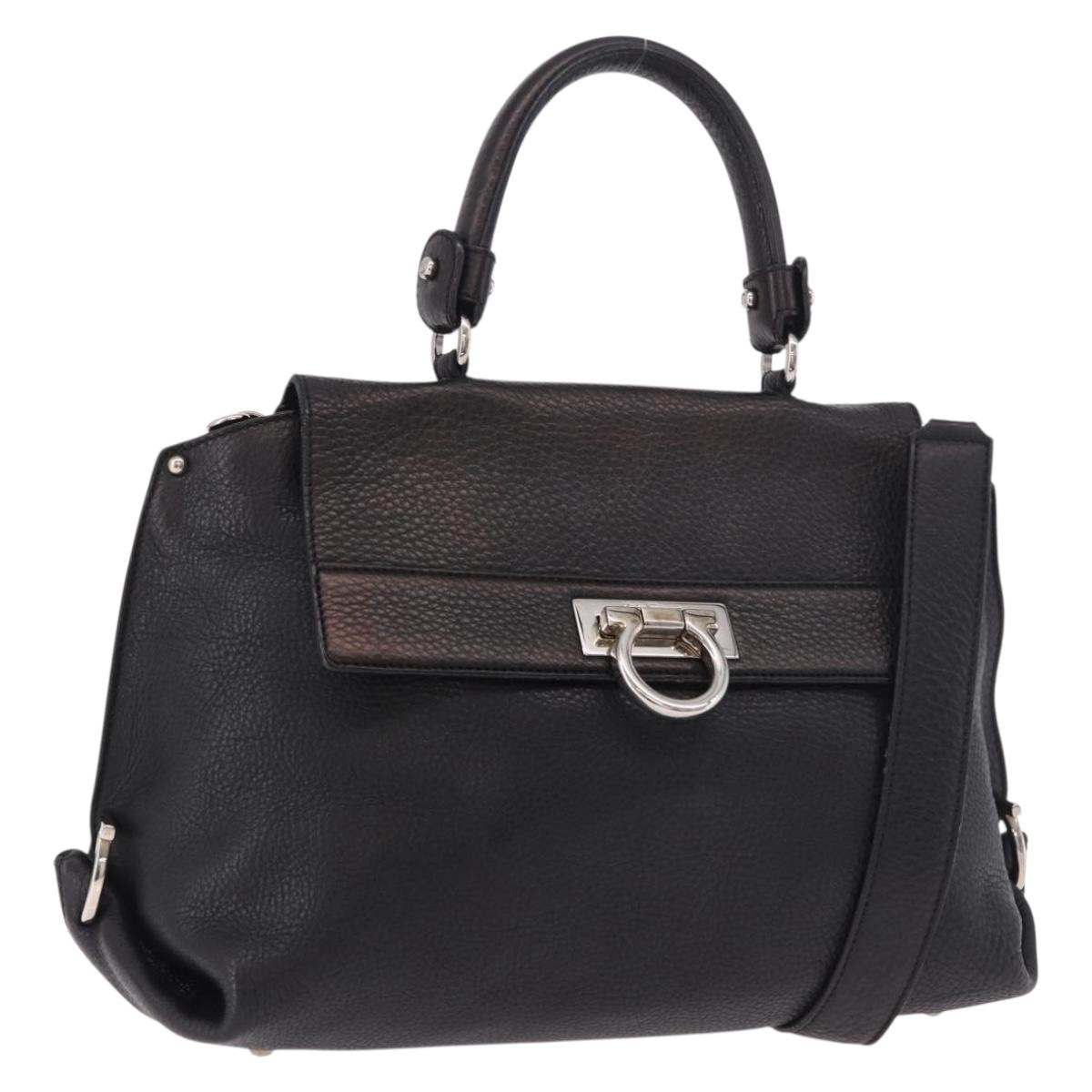 Salvatore Ferragamo Gancini Hand Bag Leather 2way Black Silver Auth ka4860A