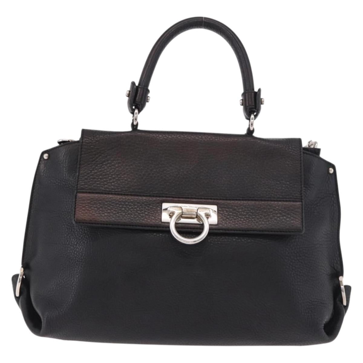 Salvatore Ferragamo Gancini Hand Bag Leather 2way Black Silver Auth ka4860A