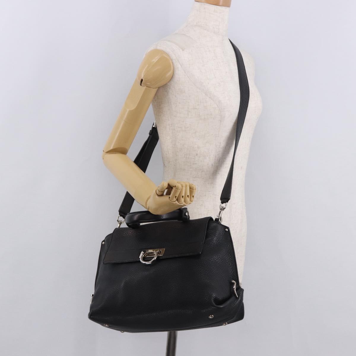 Salvatore Ferragamo Gancini Hand Bag Leather 2way Black Silver Auth ka4860A