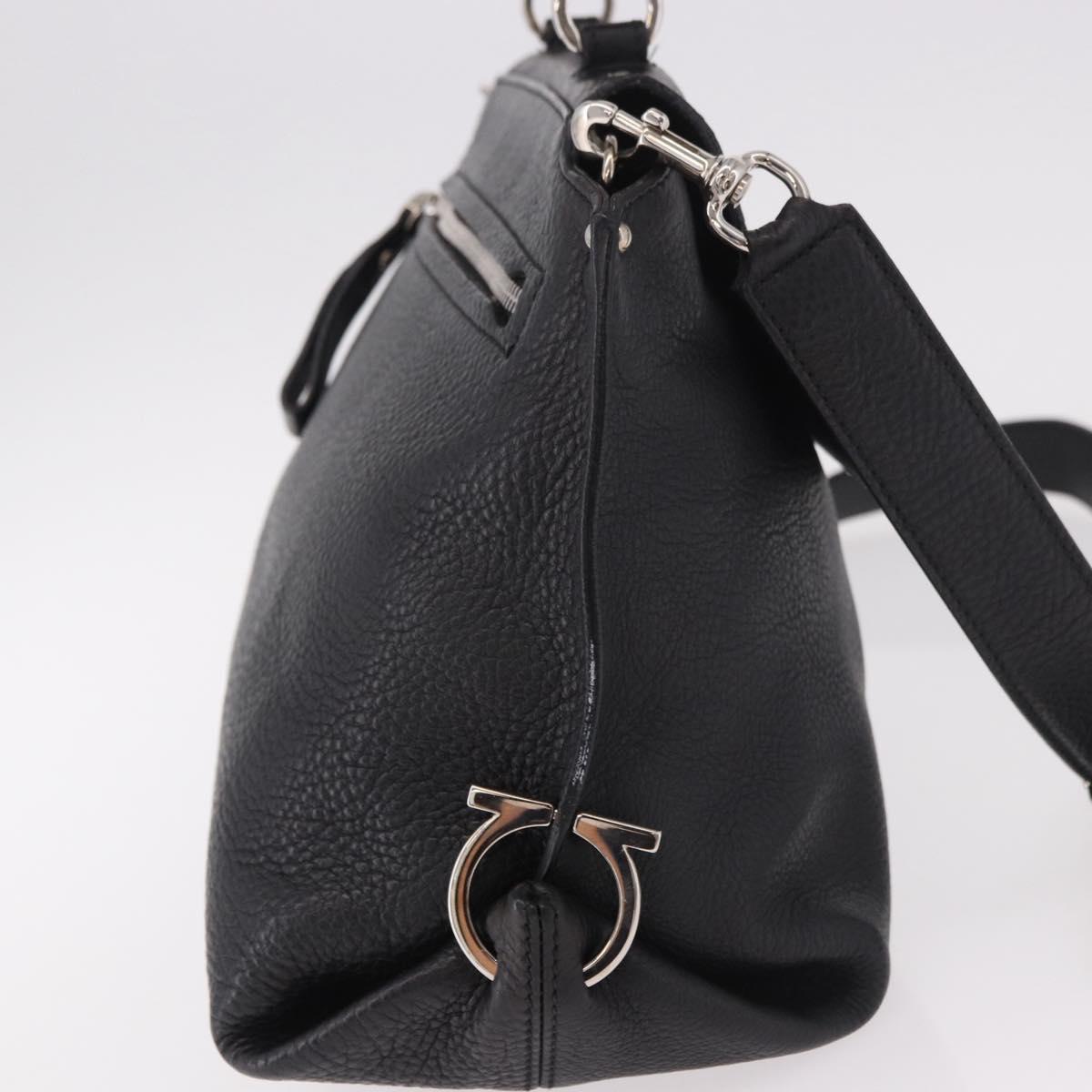 Salvatore Ferragamo Gancini Hand Bag Leather 2way Black Silver Auth ka4860A