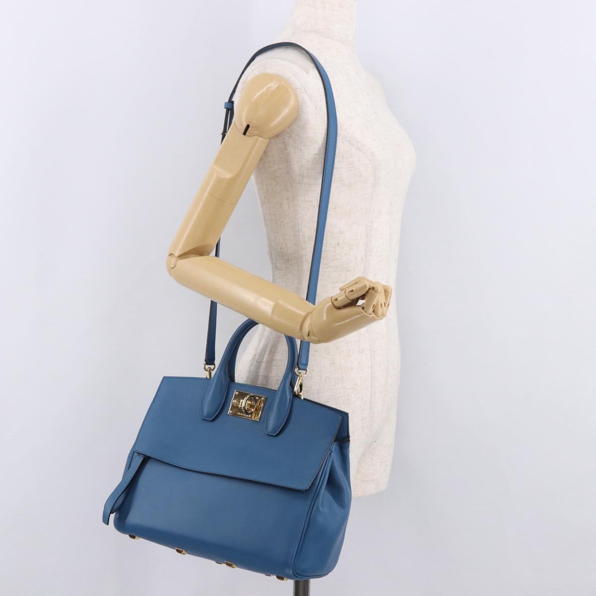 Salvatore Ferragamo Gancini Studio bag Bag Leather 2way Blue Gold Auth ka4871V