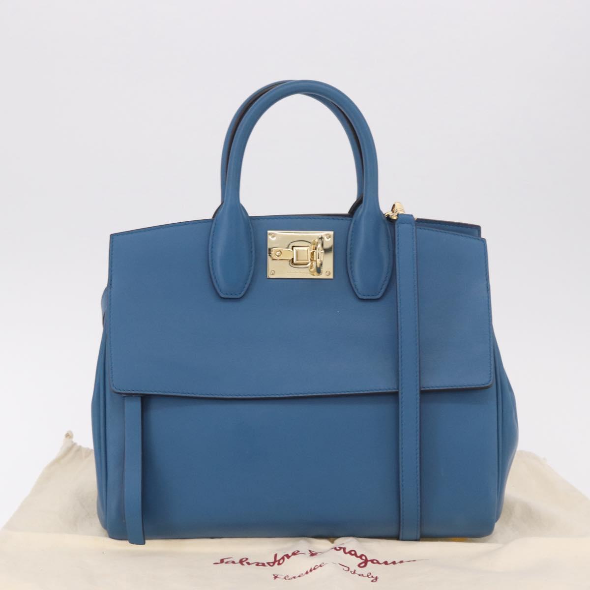Salvatore Ferragamo Gancini Studio bag Bag Leather 2way Blue Gold Auth ka4871V