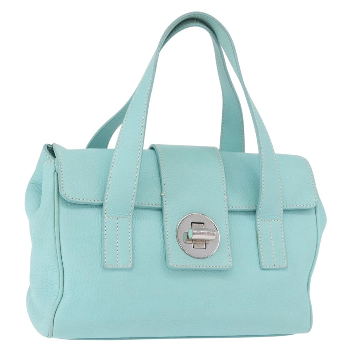 TIFFANY&Co. Hand Bag Leather Turquoise Blue Silver Auth ka4872A