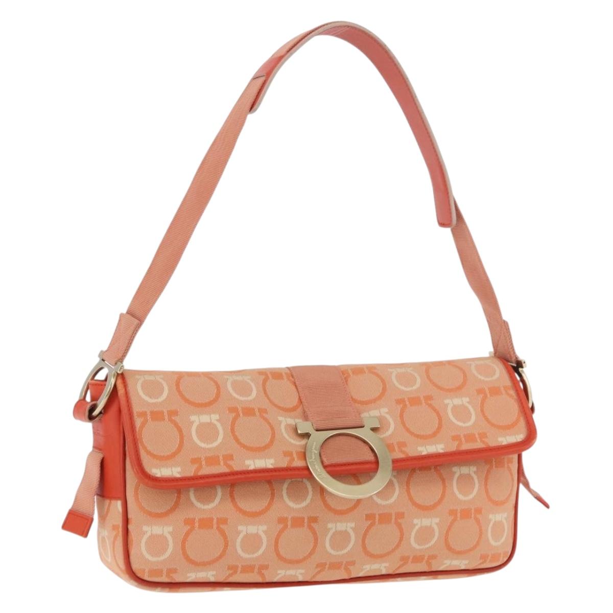 Salvatore Ferragamo Gancini Shoulder Bag Canvas Orange Gold Auth ka4878A