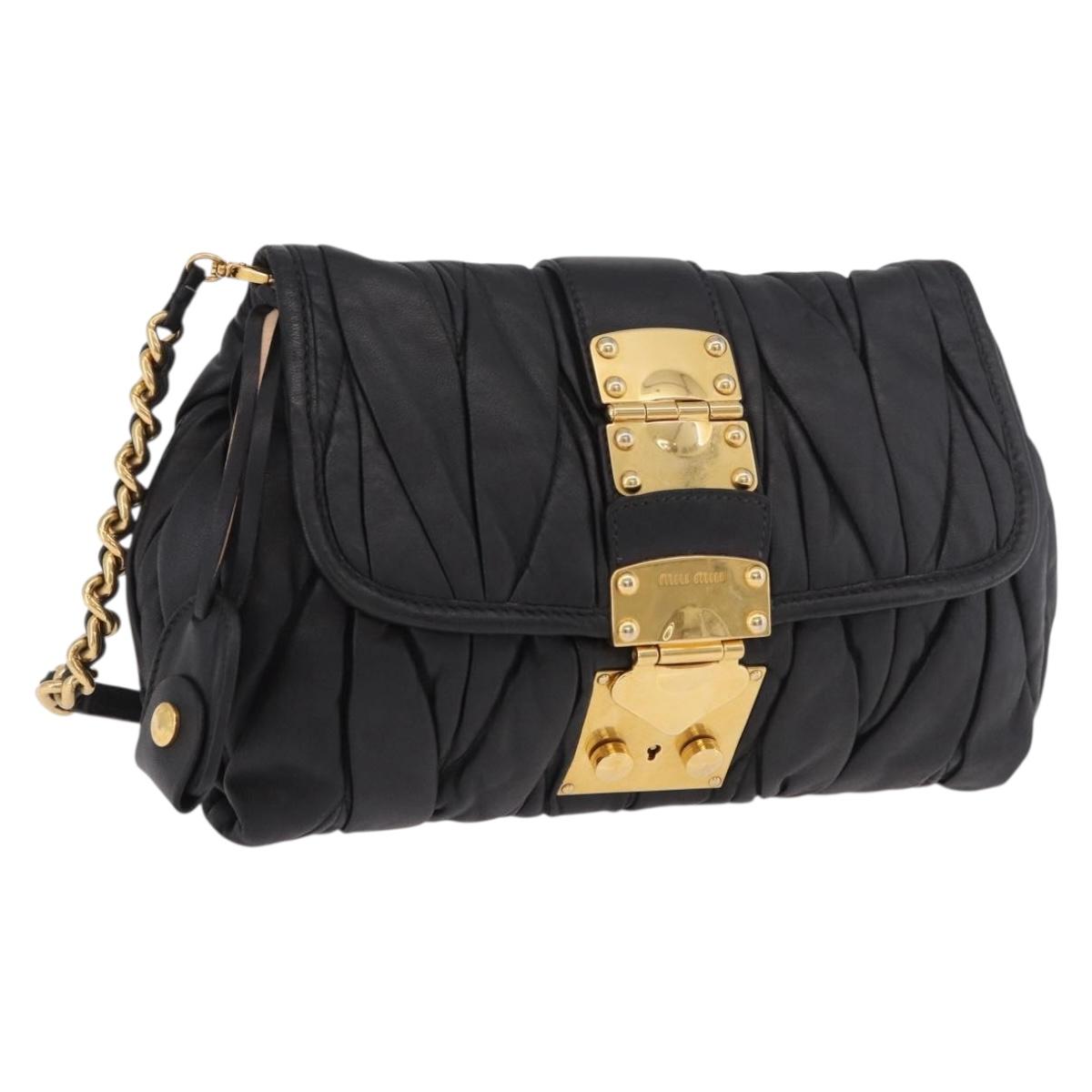 Miu Miu Matelasse Chain Shoulder Bag Leather Black Gold Auth ka4879V