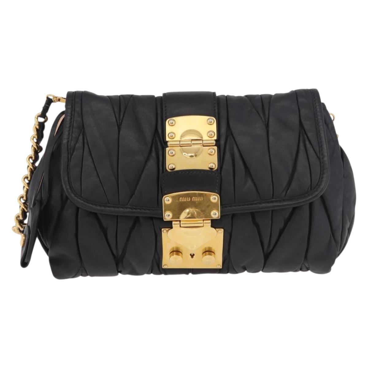 Miu Miu Matelasse Chain Shoulder Bag Leather Black Gold Auth ka4879V