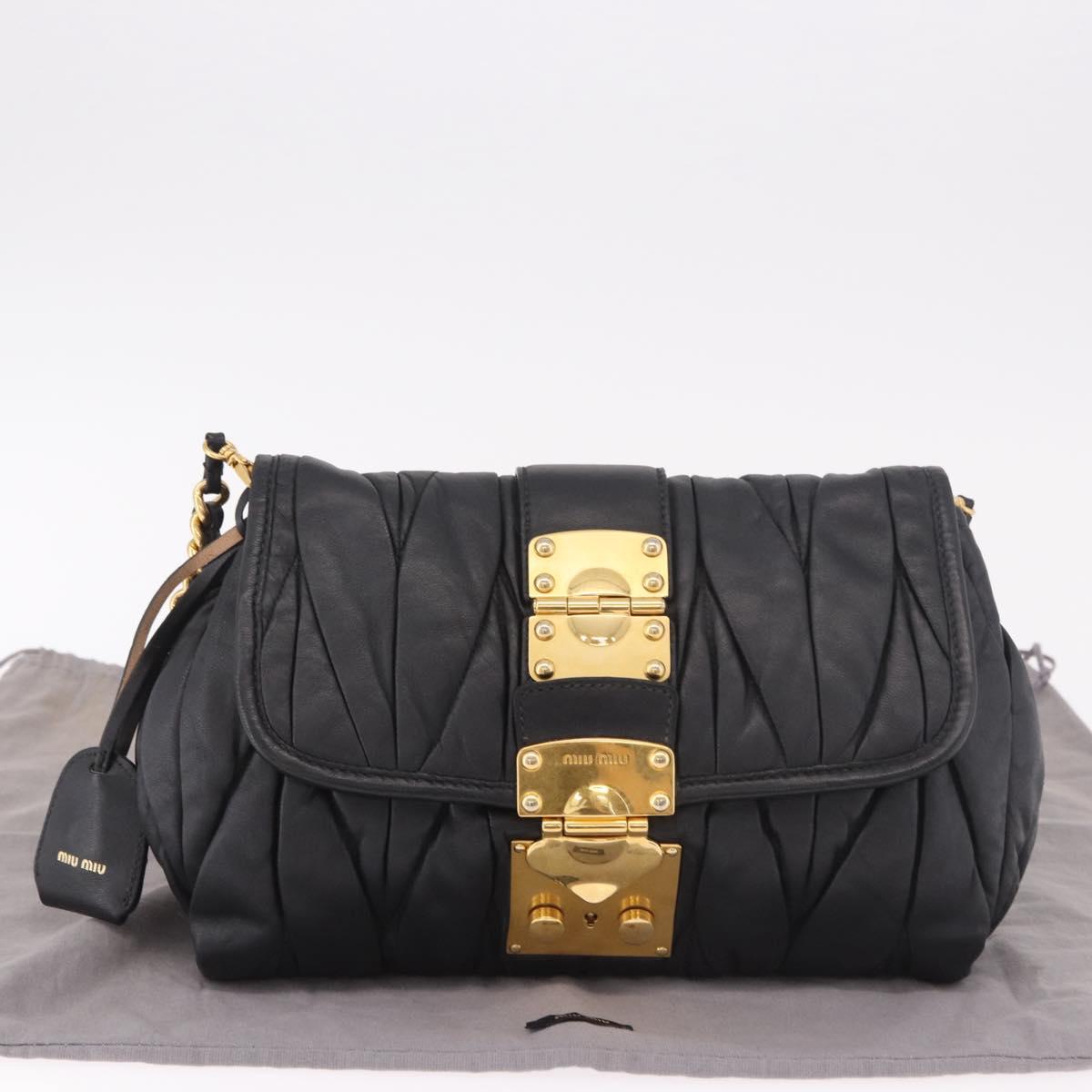 Miu Miu Matelasse Chain Shoulder Bag Leather Black Gold Auth ka4879V