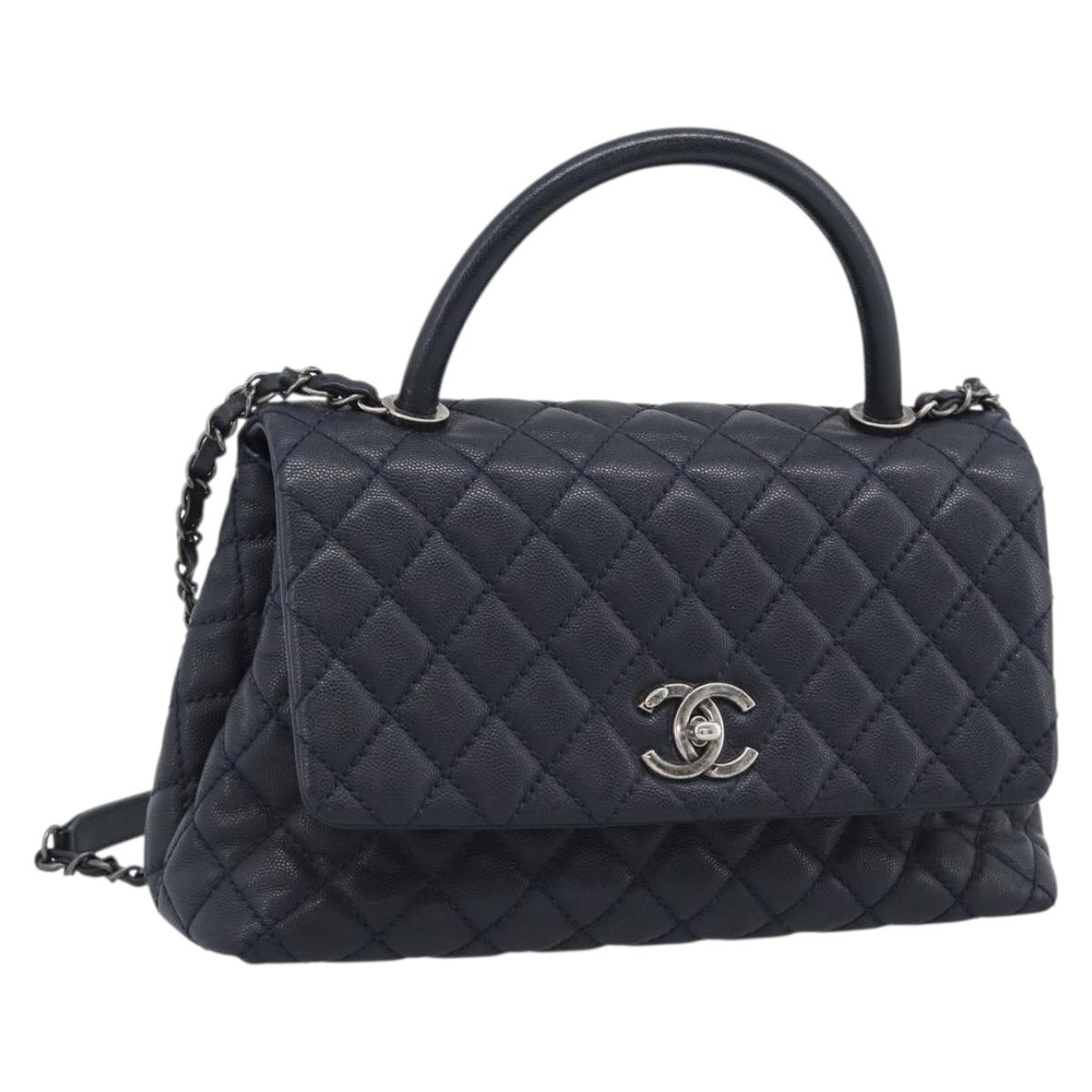 CHANEL Matelasse Chain Hand Bag Caviar Skin 2way Navy Silver CC Auth ka4899SAM