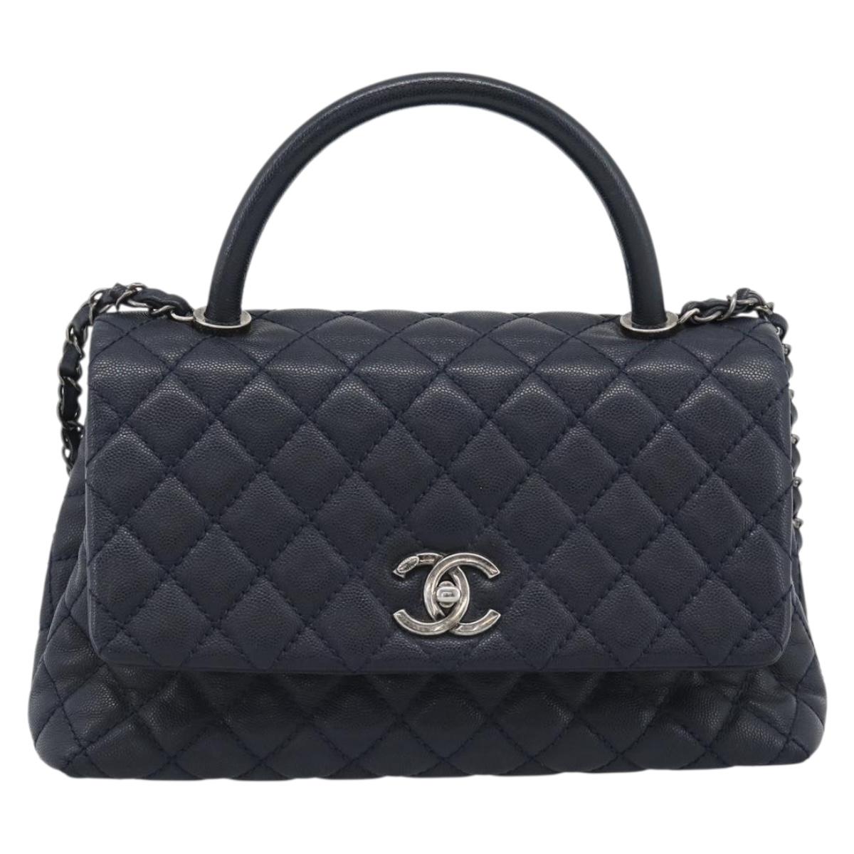 CHANEL Matelasse Chain Hand Bag Caviar Skin 2way Navy Silver CC Auth ka4899SAM