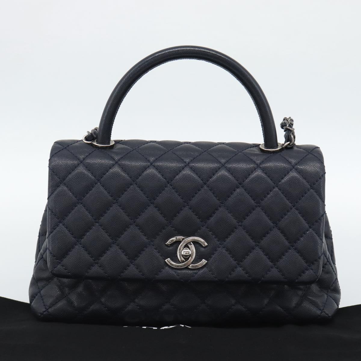 CHANEL Matelasse Chain Hand Bag Caviar Skin 2way Navy Silver CC Auth ka4899SAM
