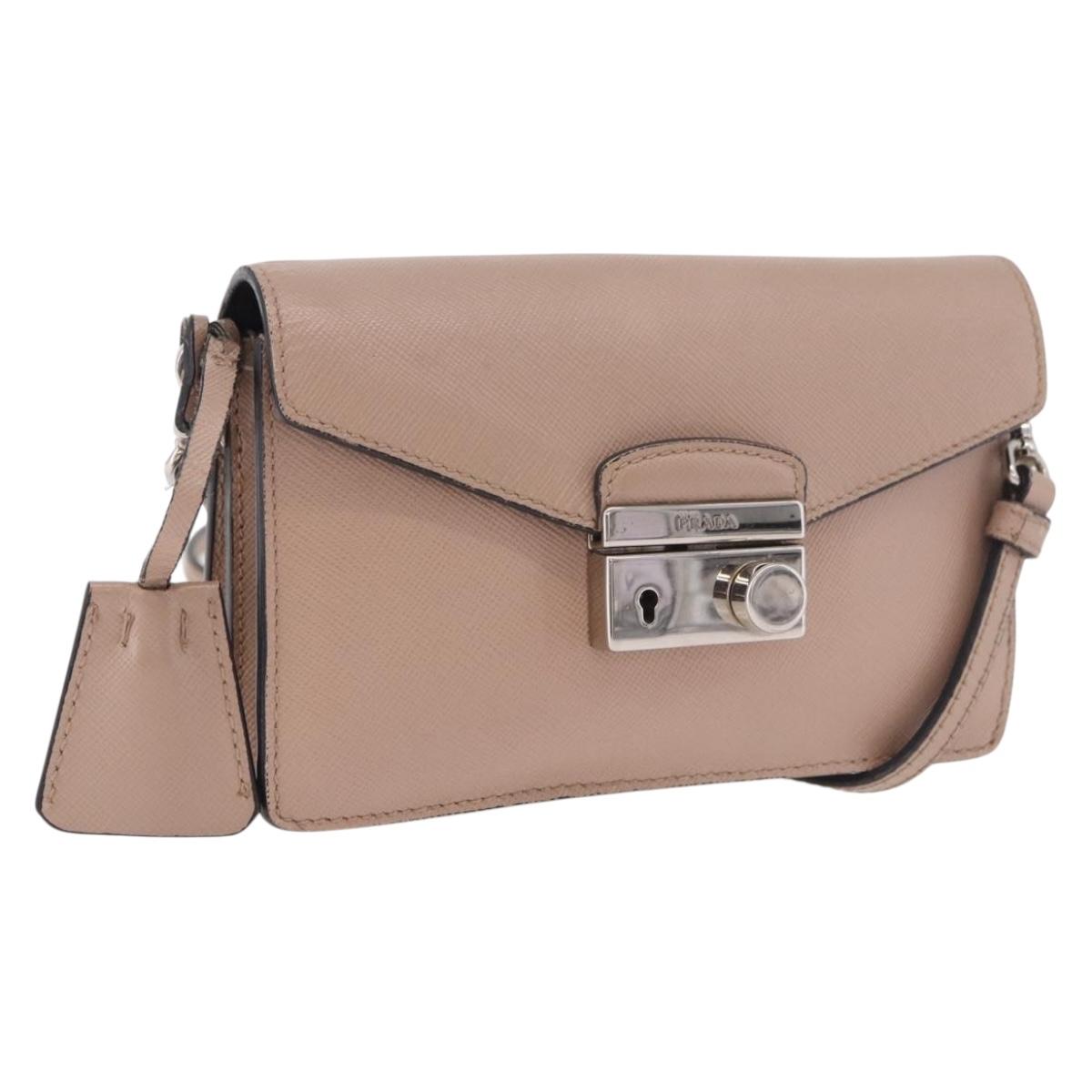 PRADA Shoulder Bag Saffiano leather Beige Silver Auth ka4901V