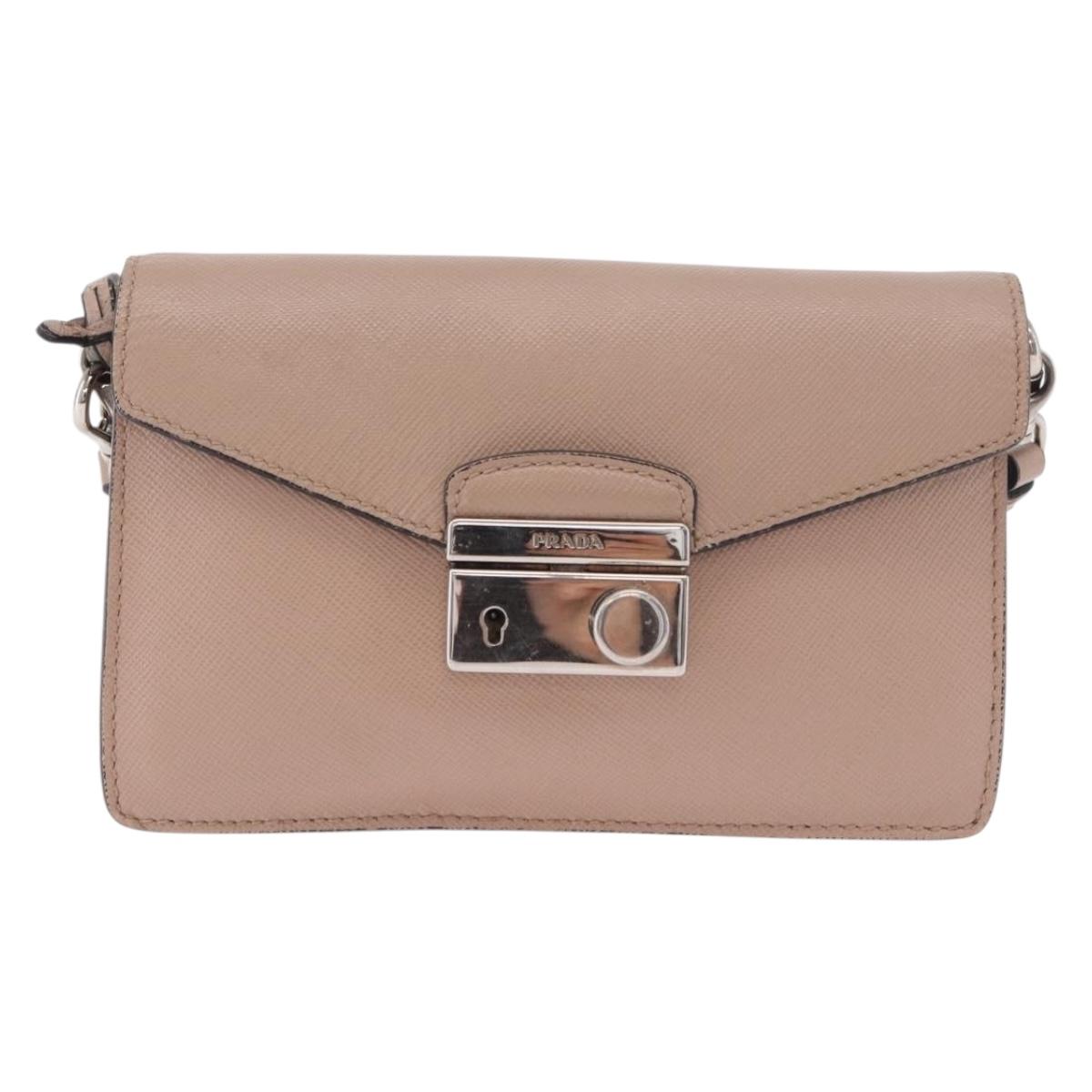 PRADA Shoulder Bag Saffiano leather Beige Silver Auth ka4901V
