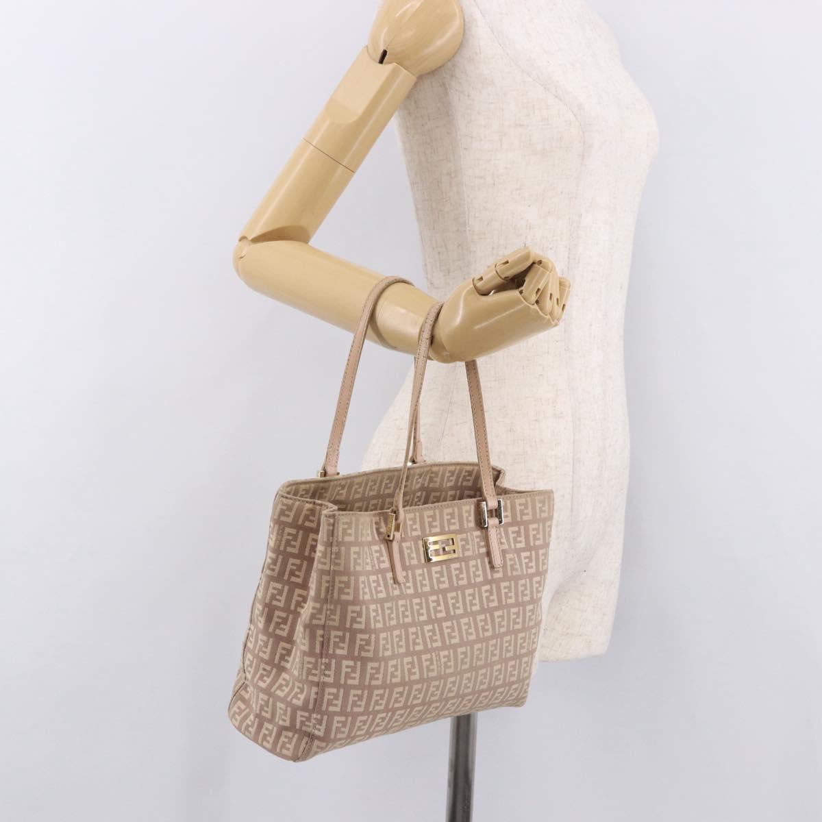 FENDI Zucchino Canvas Hand Bag Beige Gold Auth ka4906