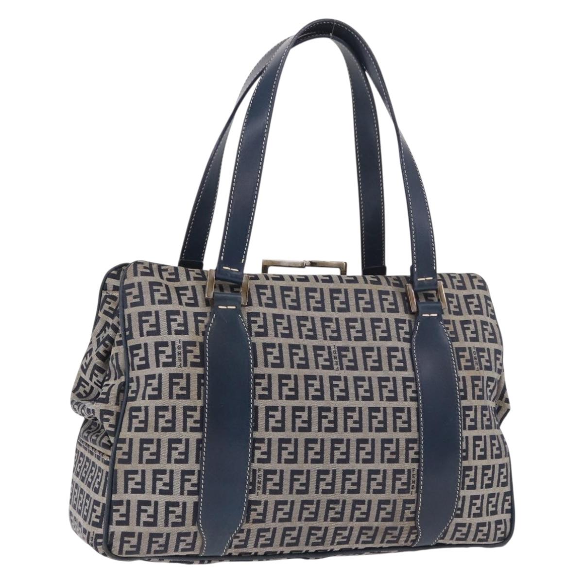 FENDI Zucchino Canvas Hand Bag Navy Silver Auth ka4913V