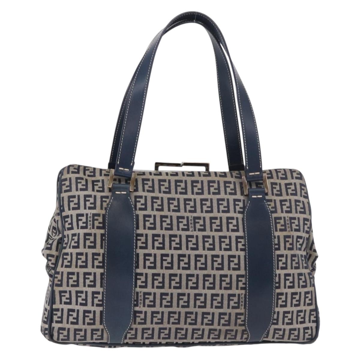 FENDI Zucchino Canvas Hand Bag Navy Silver Auth ka4913V