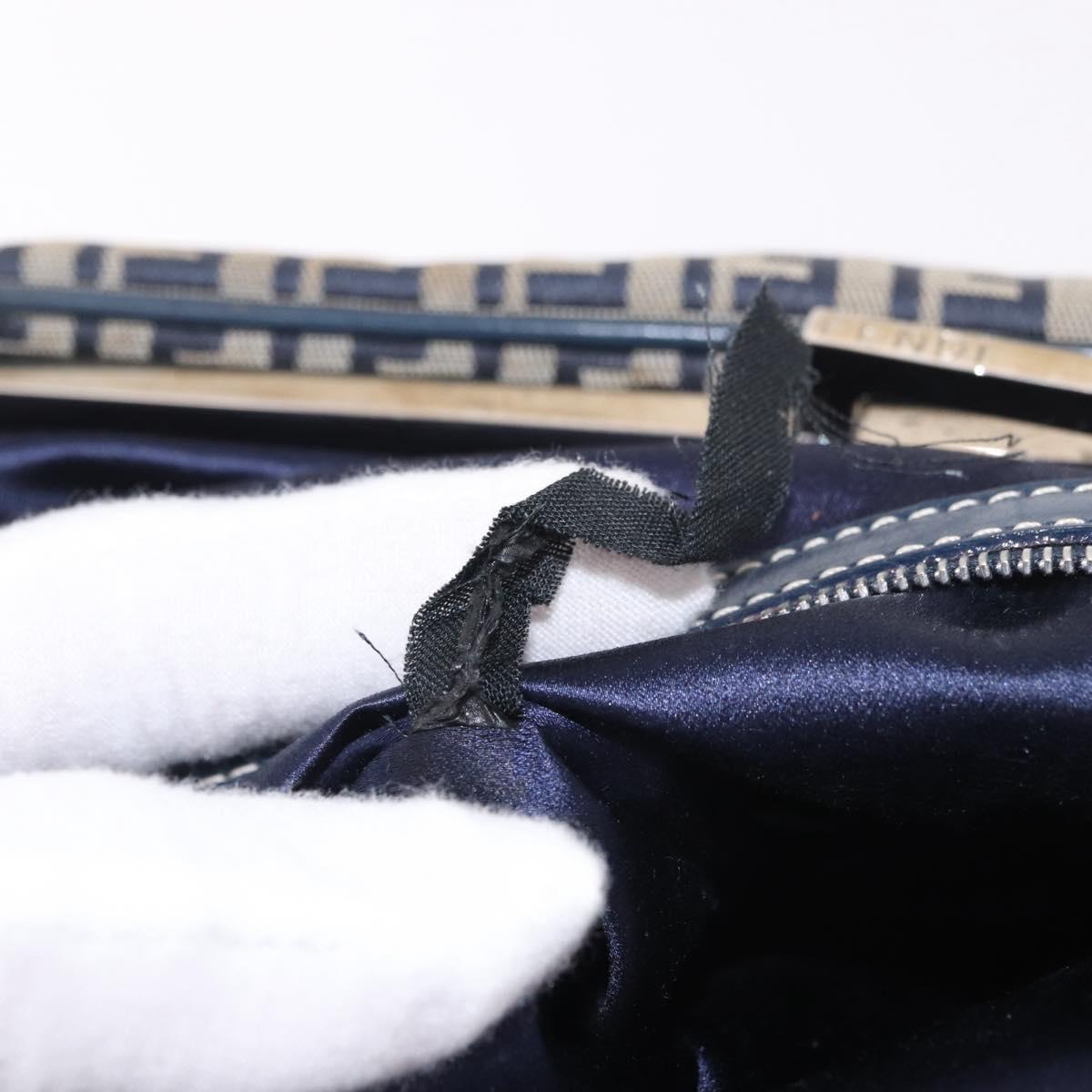 FENDI Zucchino Canvas Hand Bag Navy Silver Auth ka4913V