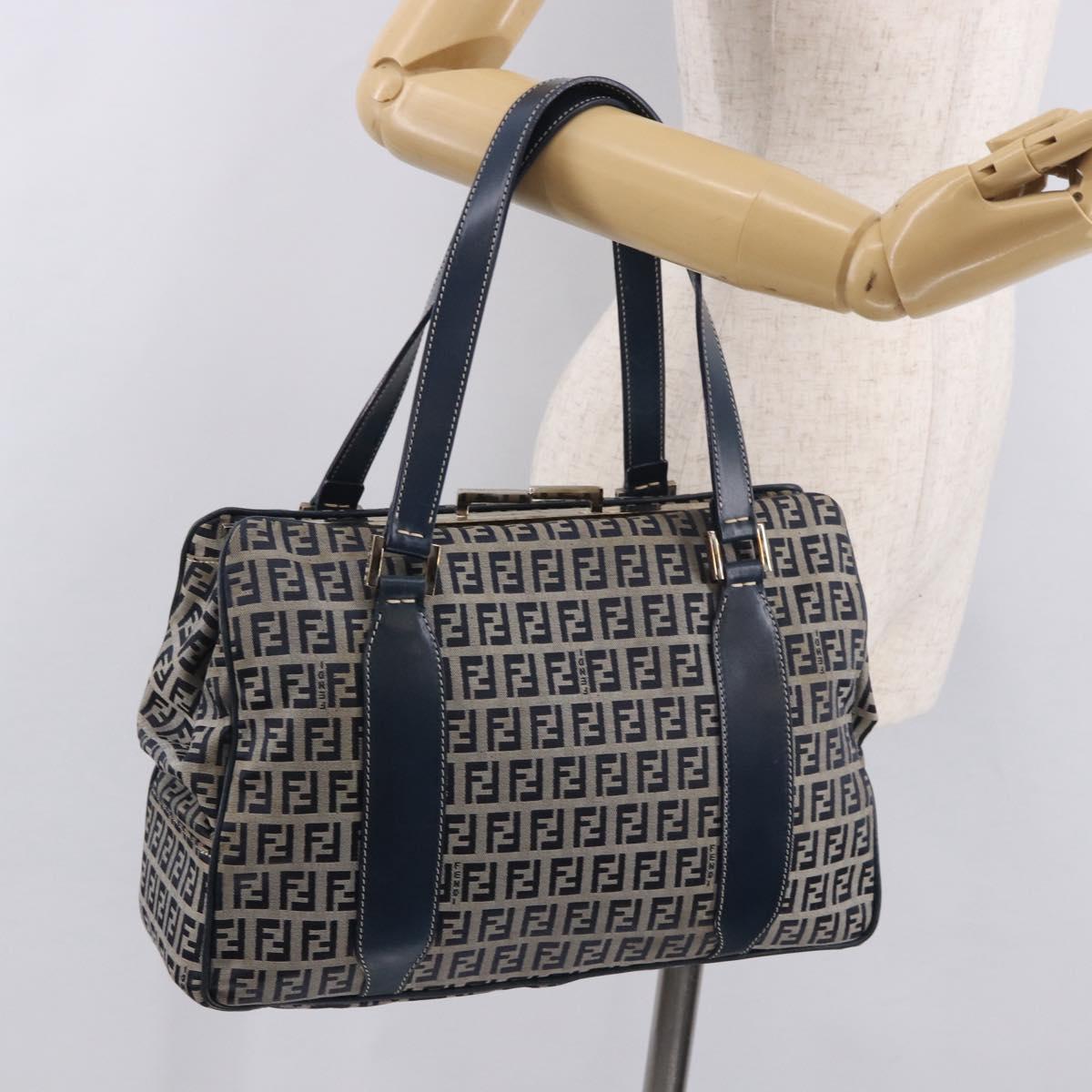 FENDI Zucchino Canvas Hand Bag Navy Silver Auth ka4913V