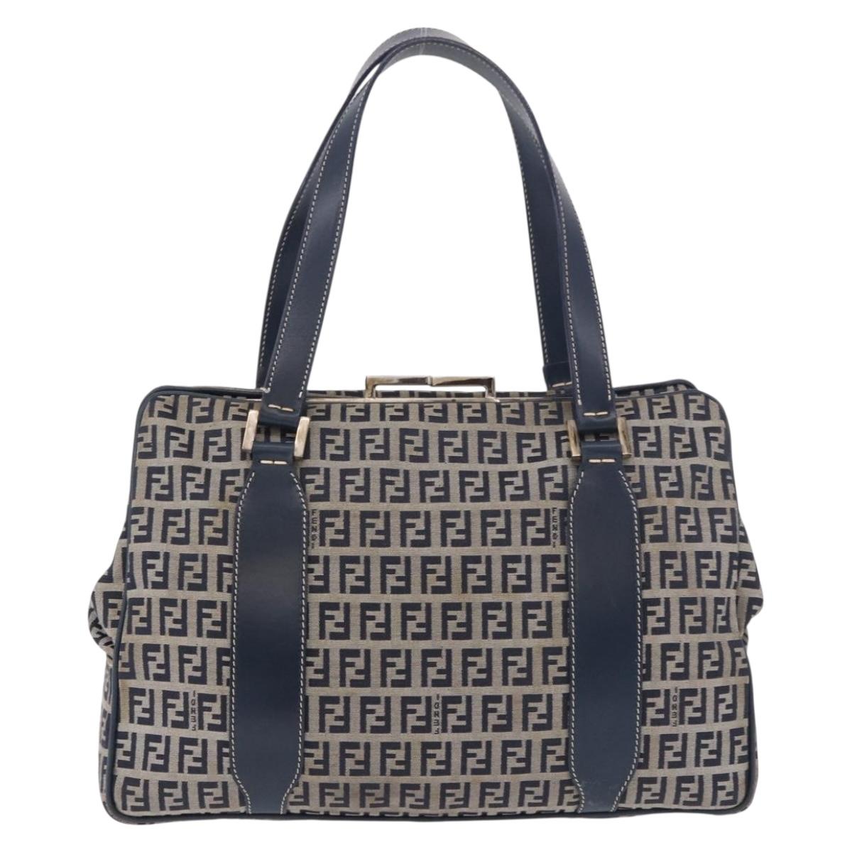 FENDI Zucchino Canvas Hand Bag Navy Silver Auth ka4913V