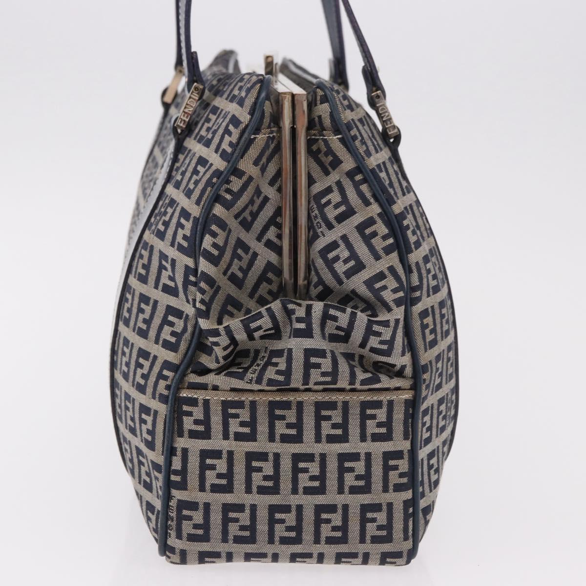 FENDI Zucchino Canvas Hand Bag Navy Silver Auth ka4913V