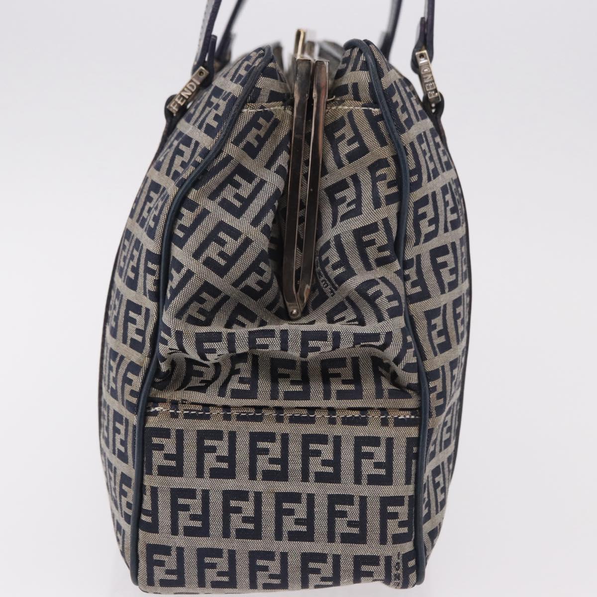 FENDI Zucchino Canvas Hand Bag Navy Silver Auth ka4913V