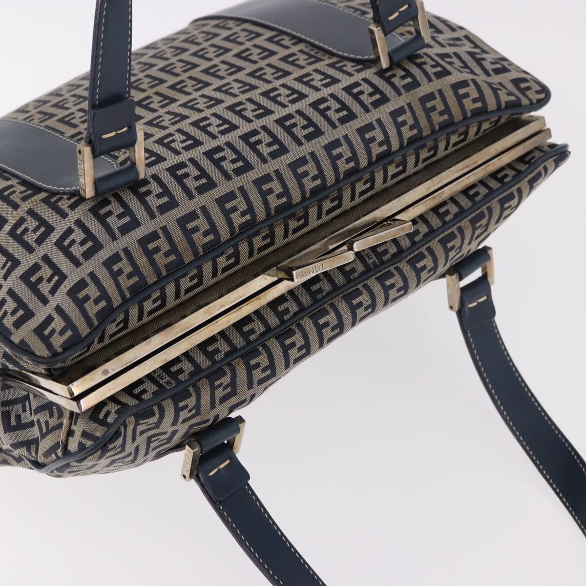 FENDI Zucchino Canvas Hand Bag Navy Silver Auth ka4913V