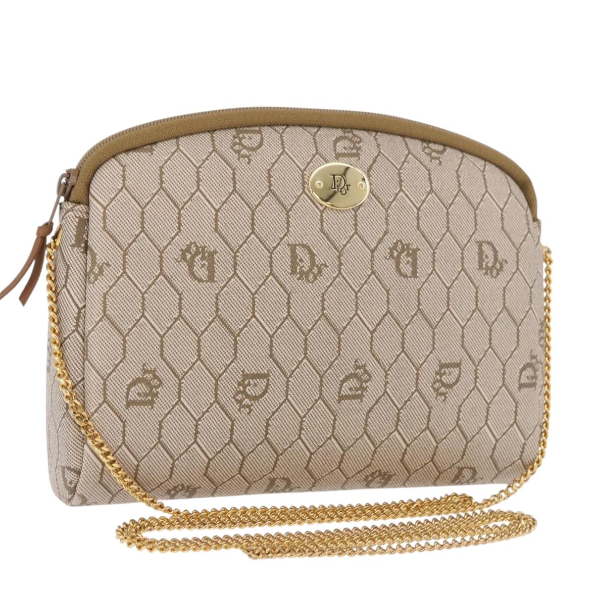 Christian Dior Honeycomb Canvas Chain Shoulder Bag PVC Beige Gold Auth ka4914