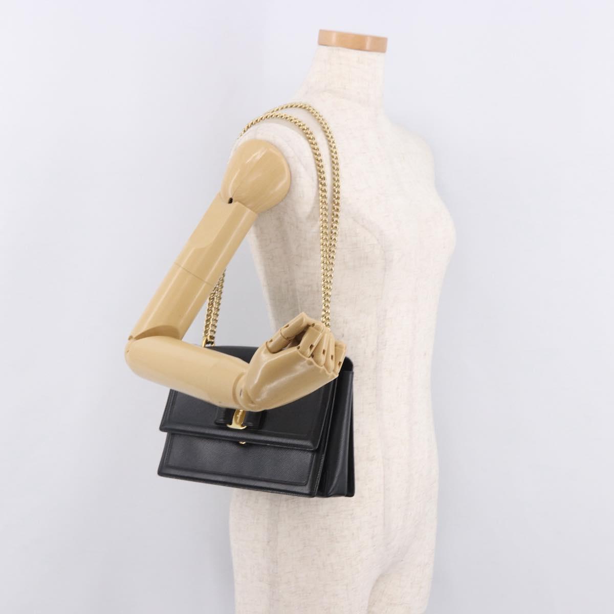 Salvatore Ferragamo Vala Chain Shoulder Bag Leather Black Gold Auth ka4916A