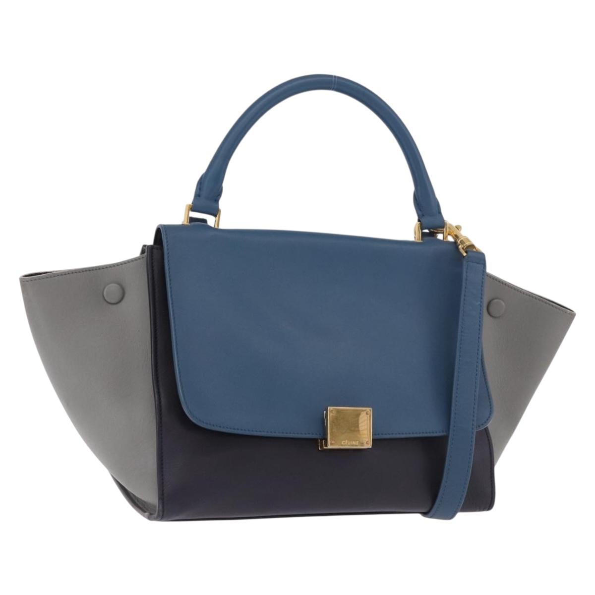CELINE Trapeze Hand Bag Leather 2way Blue Gold Auth ka4923V