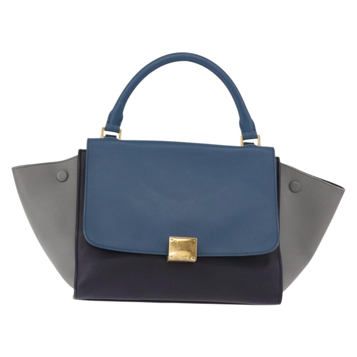CELINE Trapeze Hand Bag Leather 2way Blue Gold Auth ka4923V