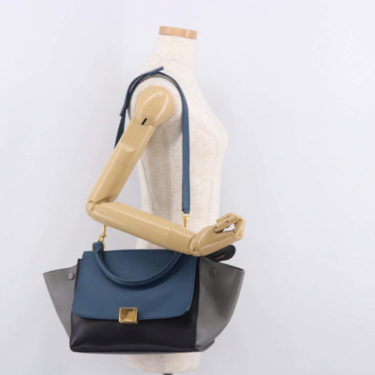 CELINE Trapeze Hand Bag Leather 2way Blue Gold Auth ka4923V