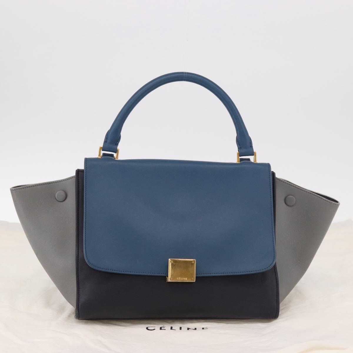 CELINE Trapeze Hand Bag Leather 2way Blue Gold Auth ka4923V