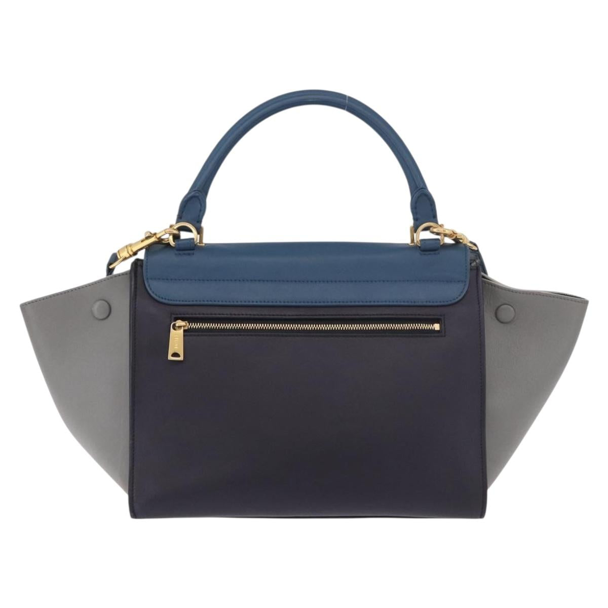 CELINE Trapeze Hand Bag Leather 2way Blue Gold Auth ka4923V