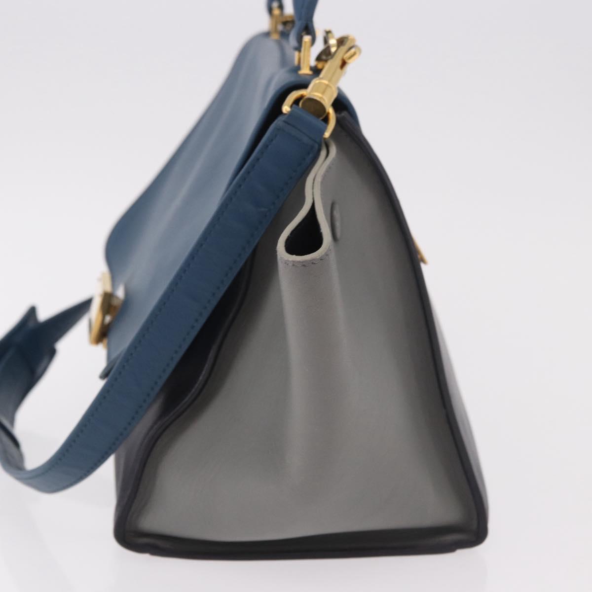 CELINE Trapeze Hand Bag Leather 2way Blue Gold Auth ka4923V