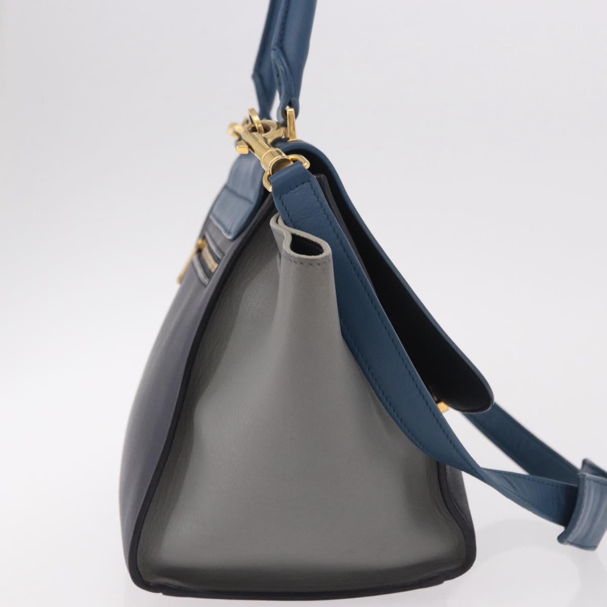 CELINE Trapeze Hand Bag Leather 2way Blue Gold Auth ka4923V