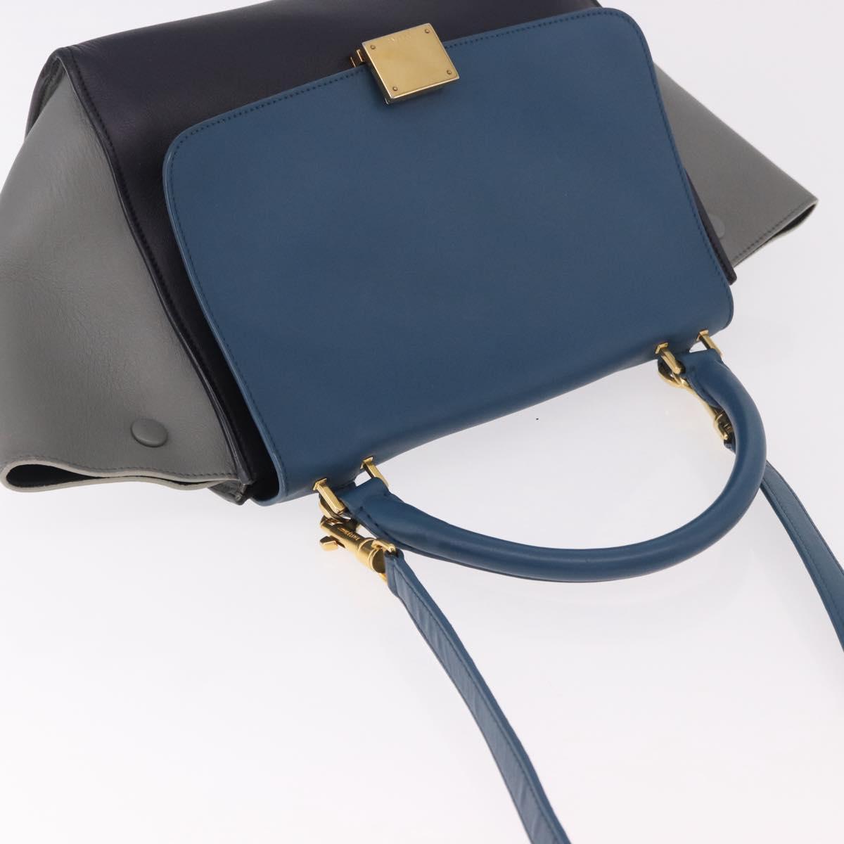 CELINE Trapeze Hand Bag Leather 2way Blue Gold Auth ka4923V