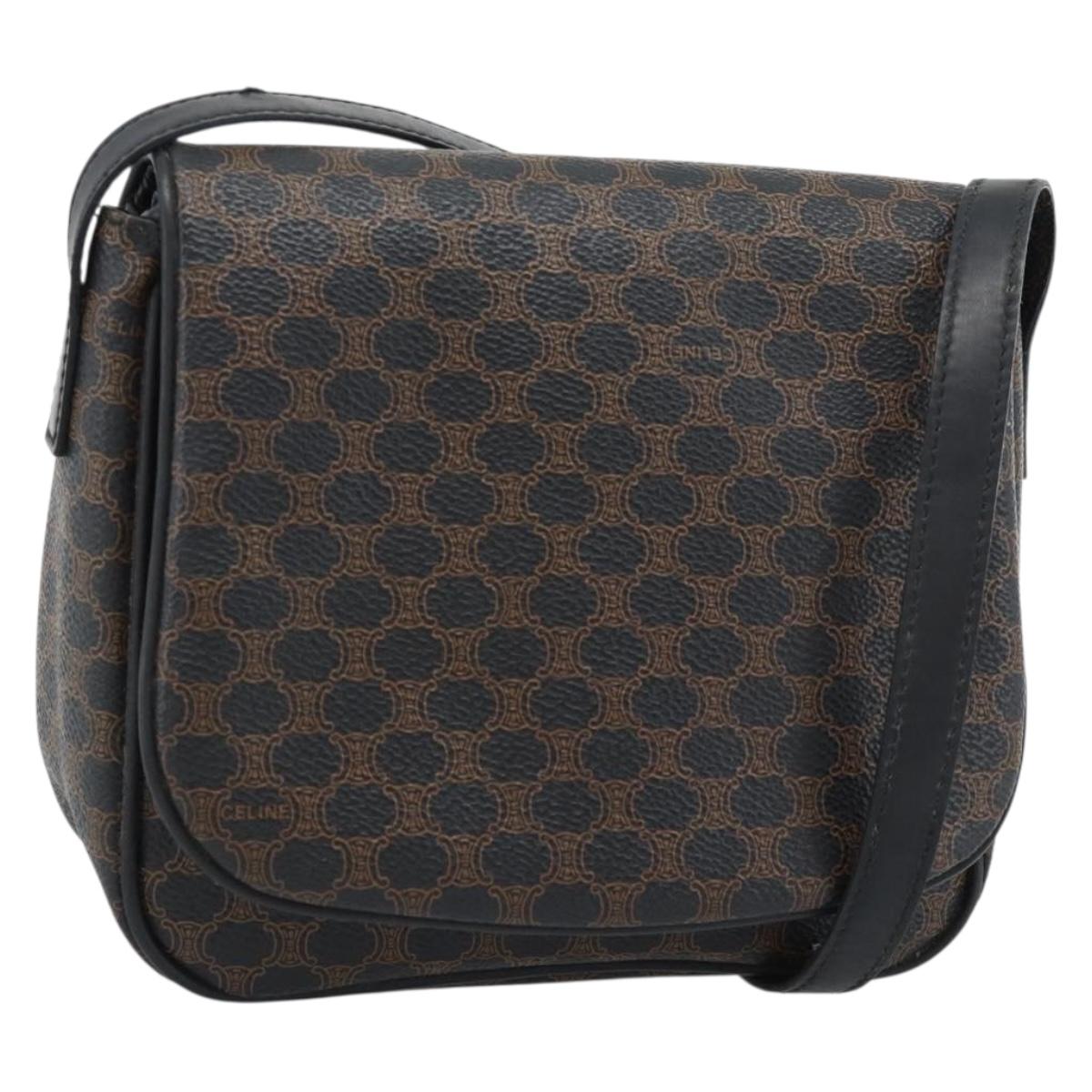 CELINE Macadam Canvas Shoulder Bag PVC Leather Black Gold Auth ka4934A