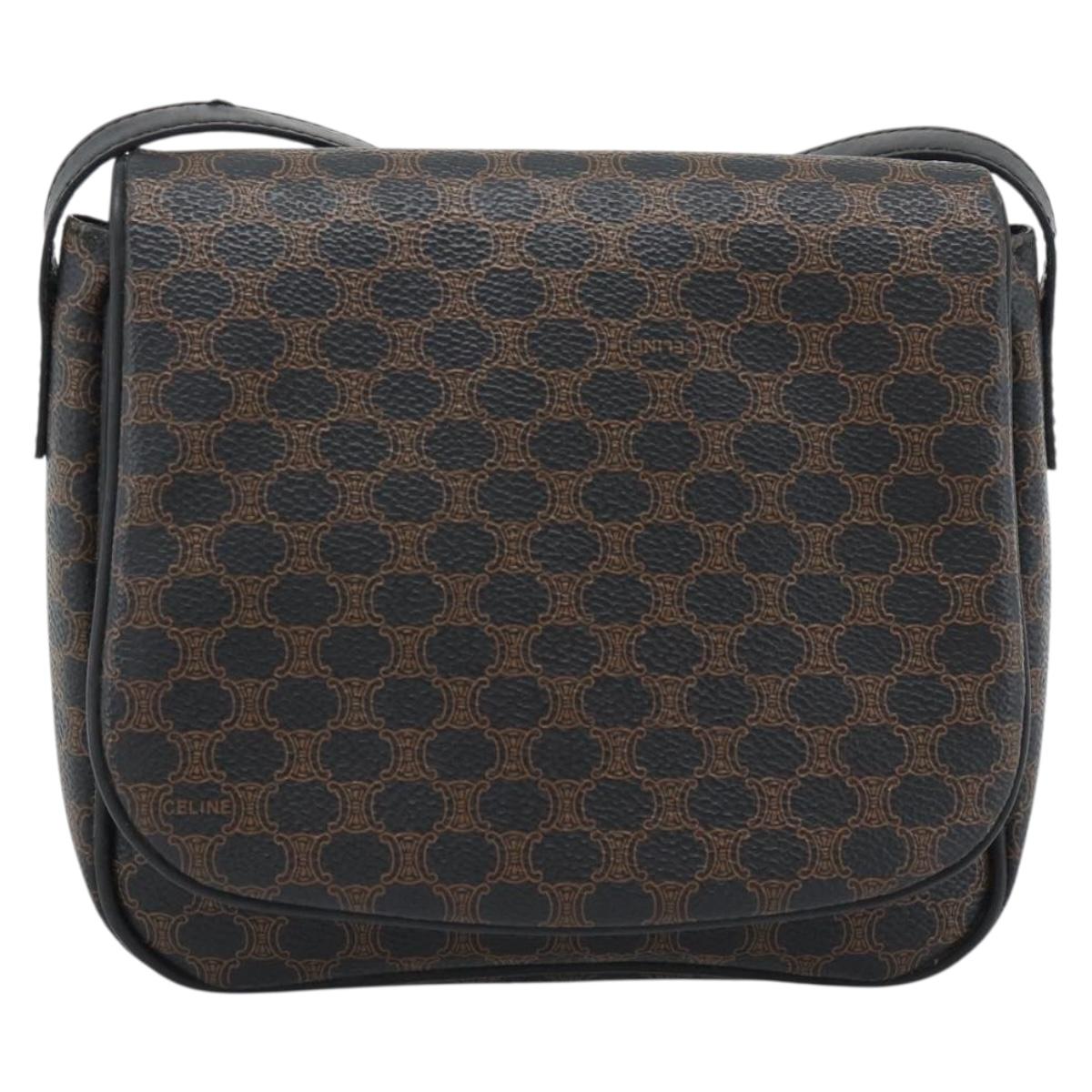 CELINE Macadam Canvas Shoulder Bag PVC Leather Black Gold Auth ka4934A